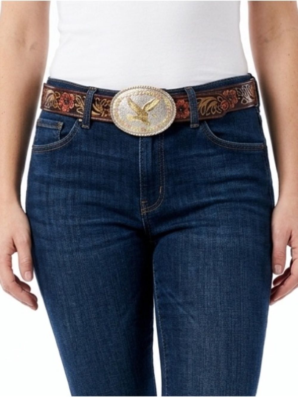 UNBRANDED | Floral Tooled Cow Hide Leather Belt Eagle Buckle Women’s Size S/M